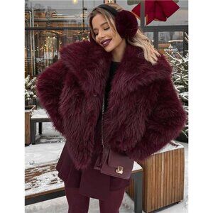 Womens Faux Fur Coat Lapel Open Front Fluffy Wine Red